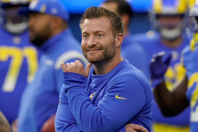 Los Angeles Rams head coach Sean McVay watches warm ups before the NFC Championship Game...
