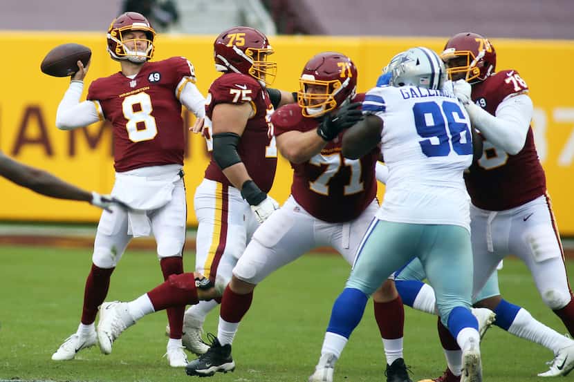 Washington Football Team quarterback Kyle Allen (8) throws a touchdown during an NFL...