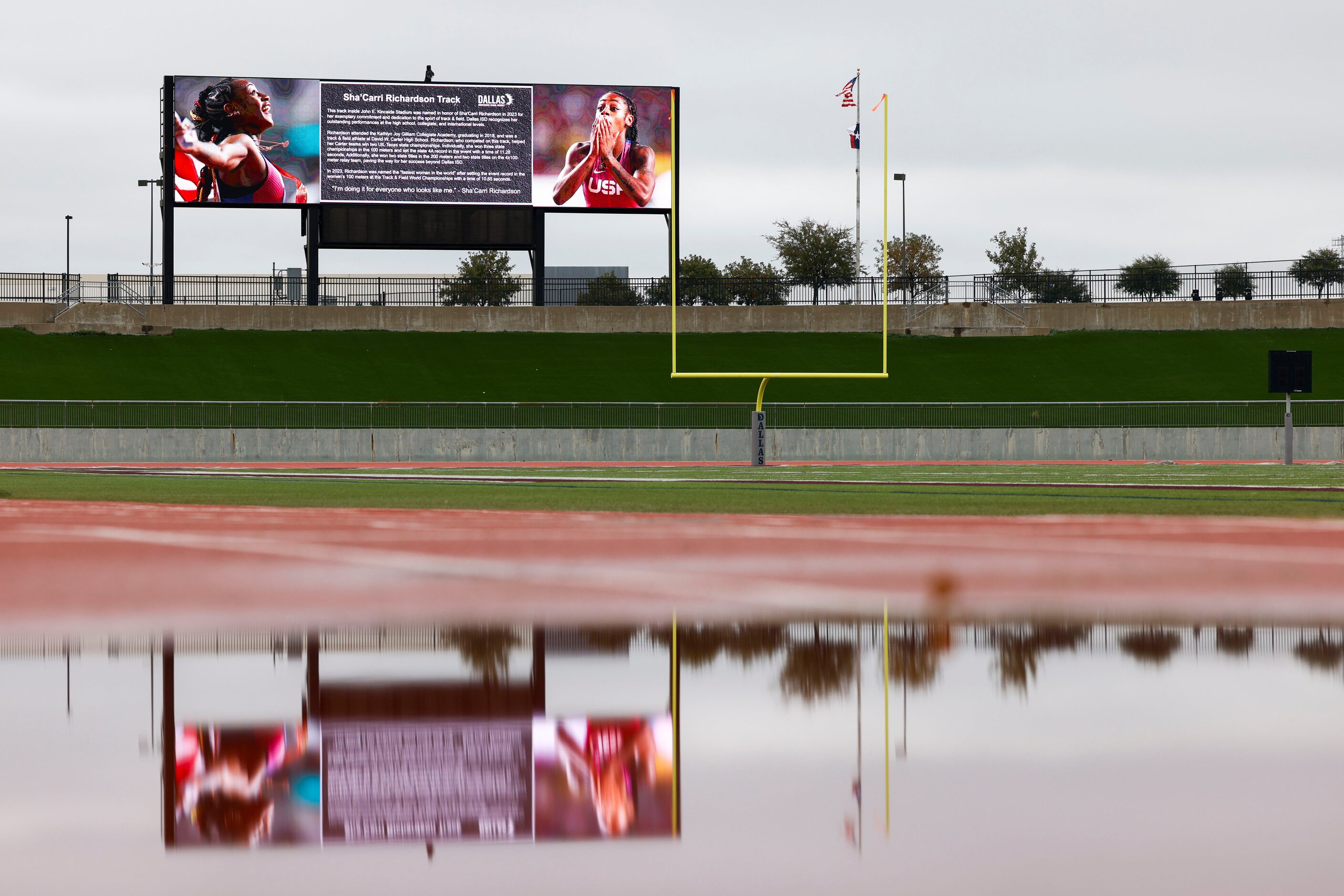 The screen at John E. Kincaide Stadium displaying the marker naming the track in the stadium...