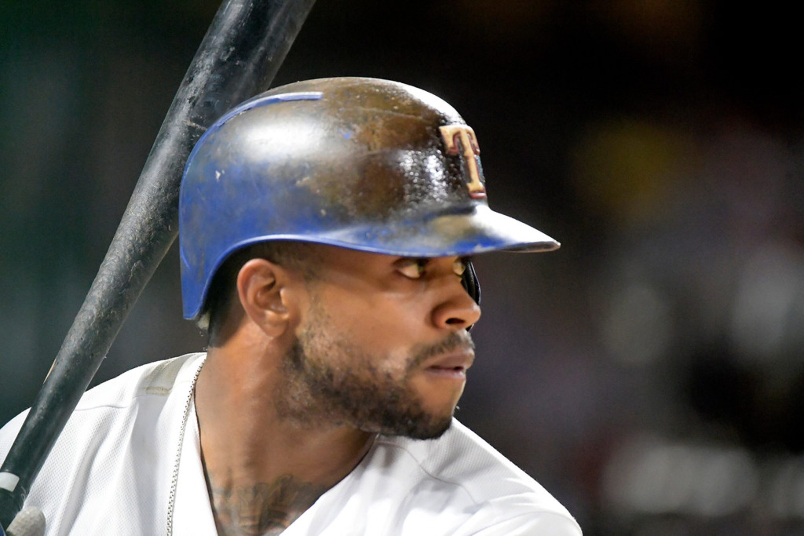 Texas Rangers center fielder Delino DeShields (3) on deck during the sixth inning as the...