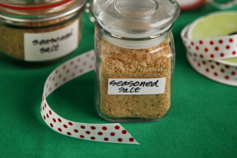 Decorate small jars of homemade seasoned salt for quick gifts.