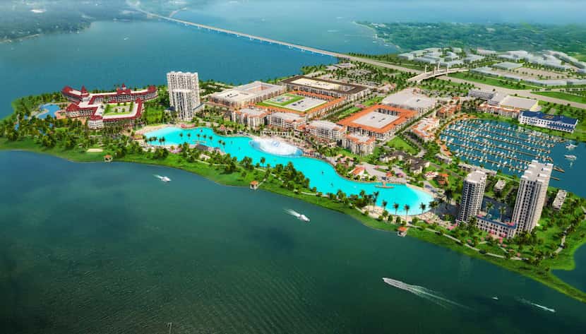 Initial plans for the $1 billion Bayside development on I-30 in Rowlett included a fountain...