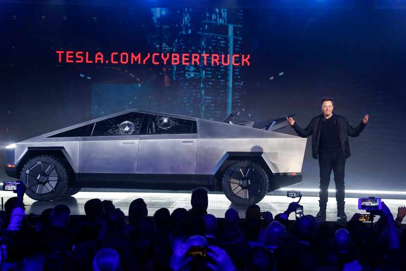 Tesla CEO Elon Musk introduces the Cybertruck at Tesla's design studio on Nov. 21, 2019, in...