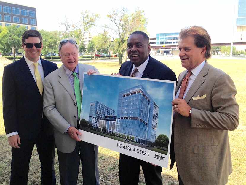 Heady Investments' Sayres Heady, left, developer Randy Heady, Plano Mayor Harry LaRosiliere...