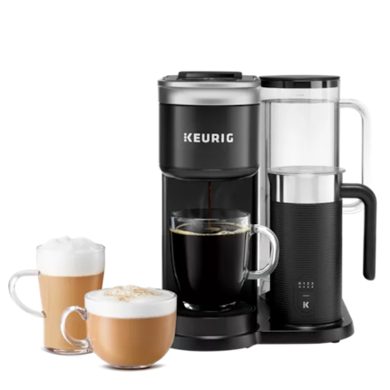 Keurig K-Café SMART Coffee Maker and two cups of coffee.