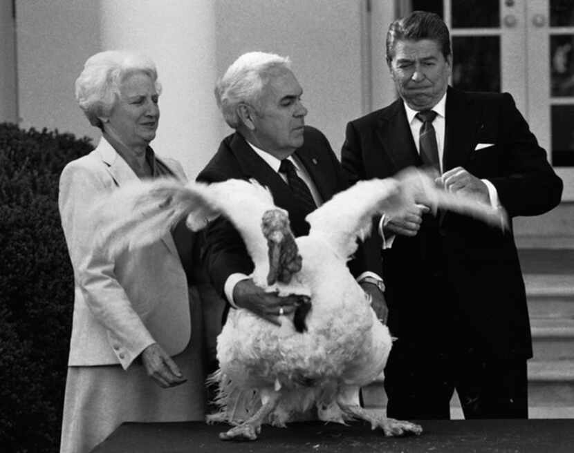 President Ronald Reagan seemed startled as John Hendrick, president of the National Turkey...