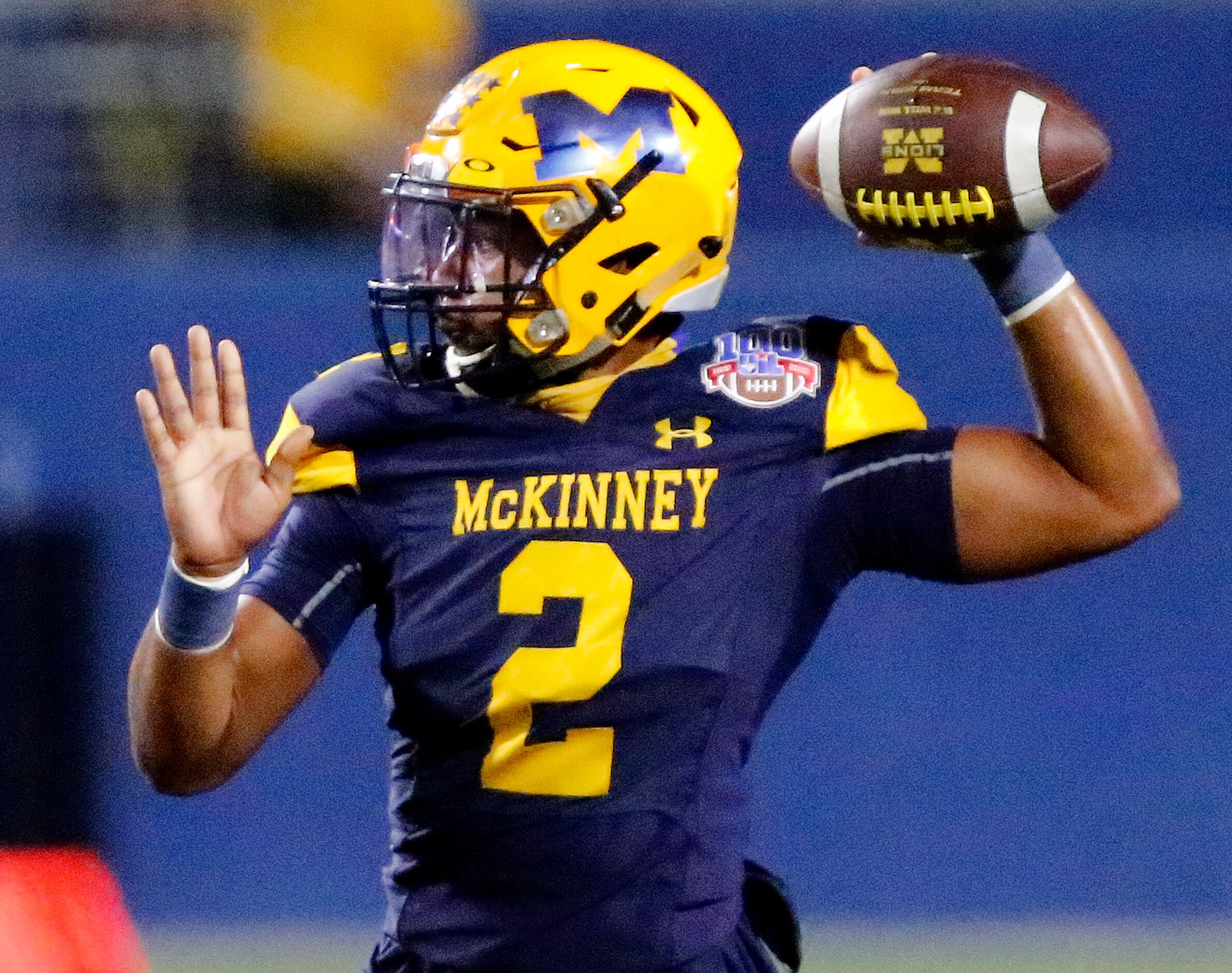 McKinney High School quarterback Ja’kobe Walton (2) throws a pass during the first half as...