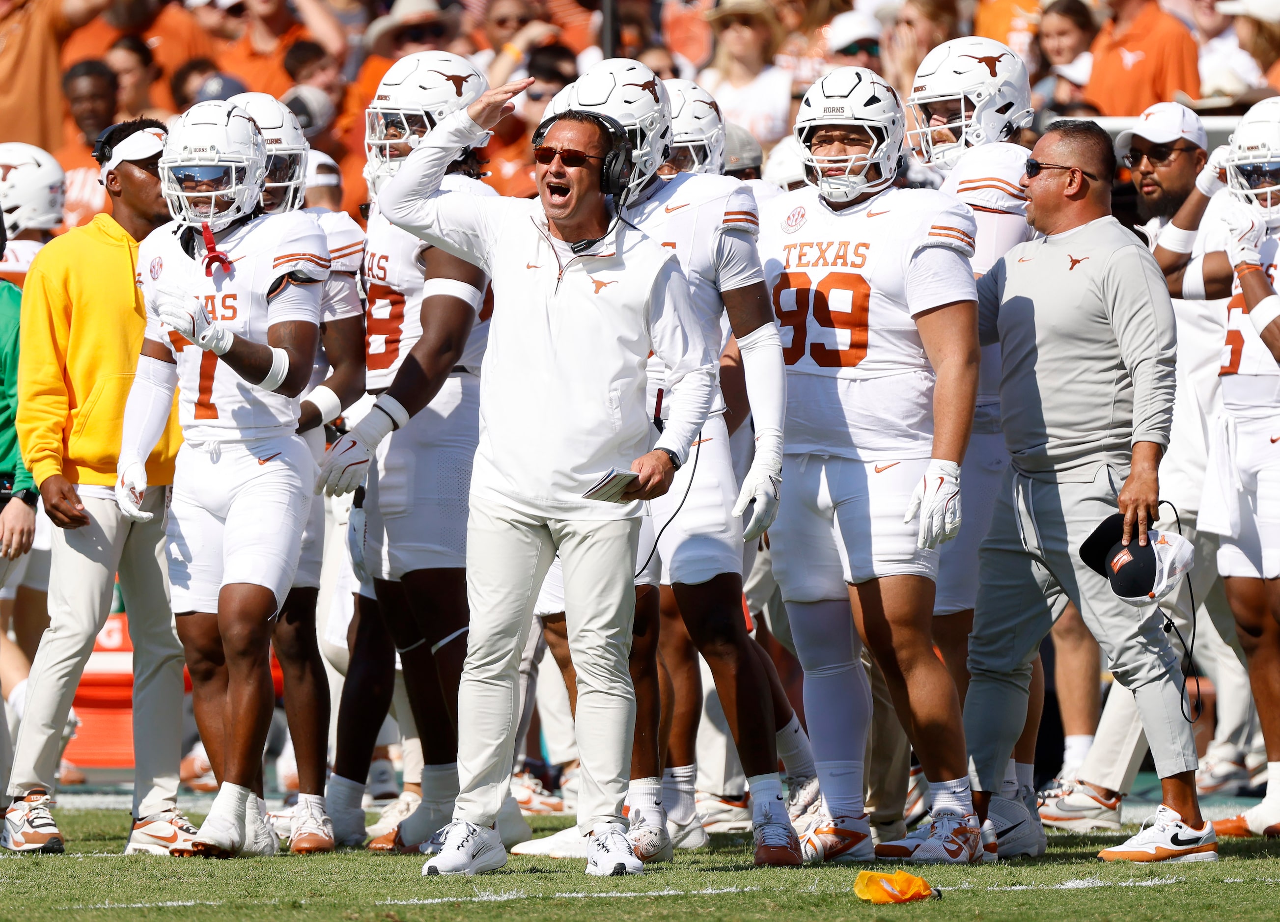 Texas Longhorns head coach Steve Sarkisian disagrees with a call during the first quarter...