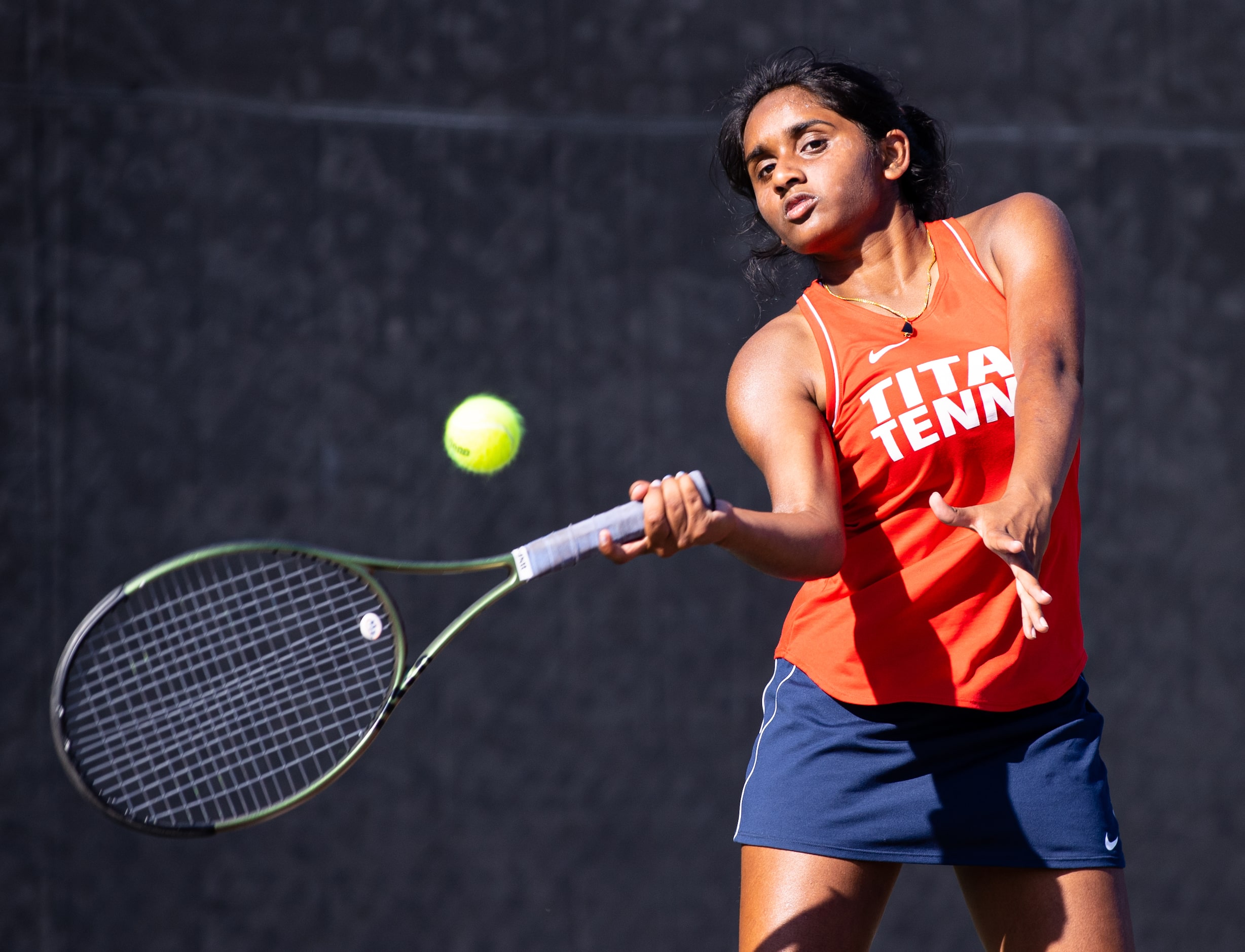 Frisco Centennial’s Sahasra Dodda returns a shot during a singles match with against...