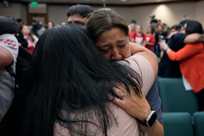 FILE - Veronica Mata, right, and other family members of the victims of the Uvalde shootings...