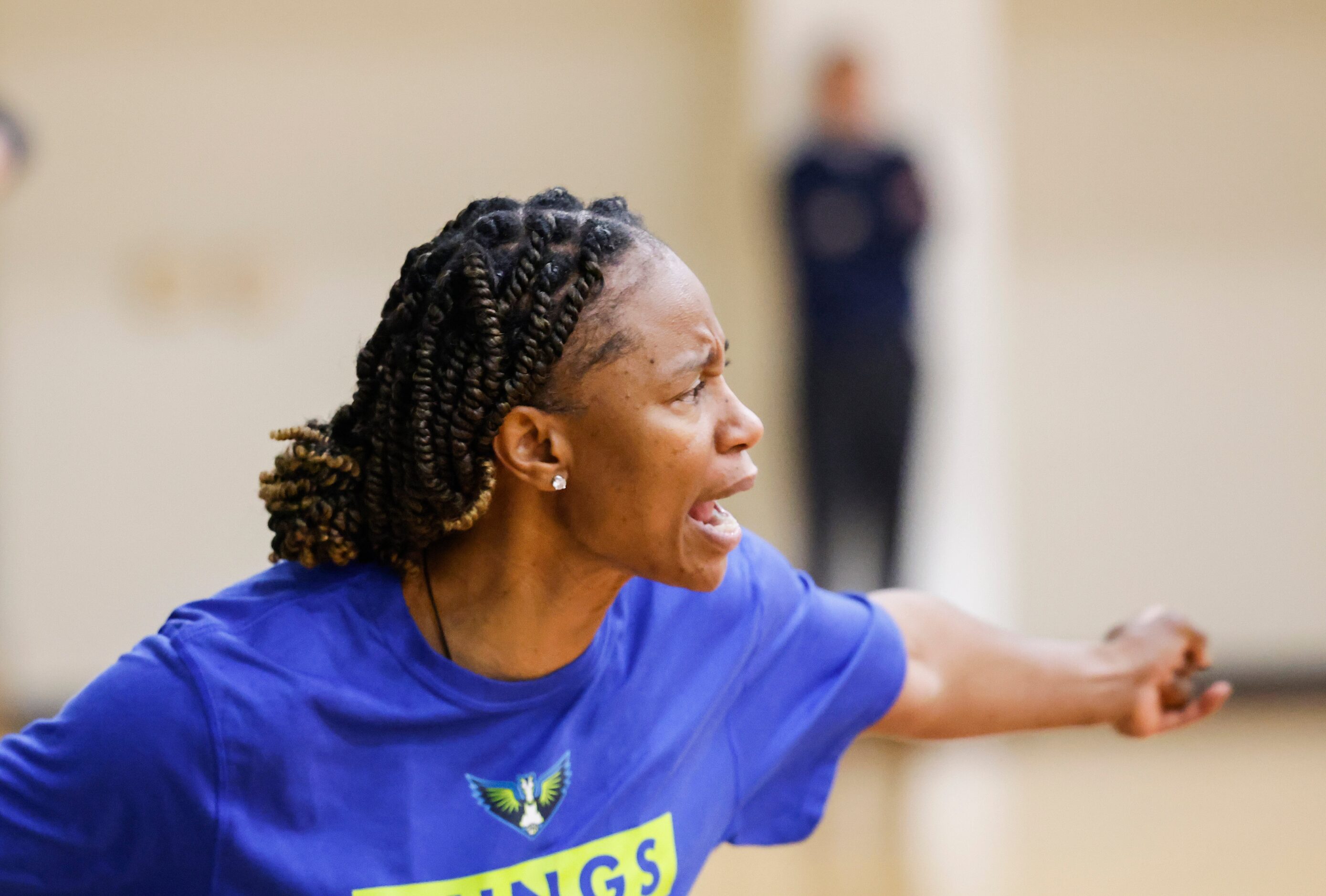 Dallas Wings head coach Vickie Johnson instructs during a training camp practice on Monday,...