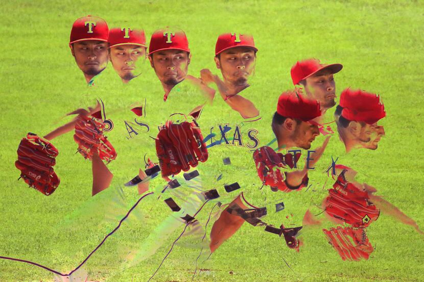 Texas Rangers starting pitcher Yu Darvish (11) is pictured in a multiple exposure in the...