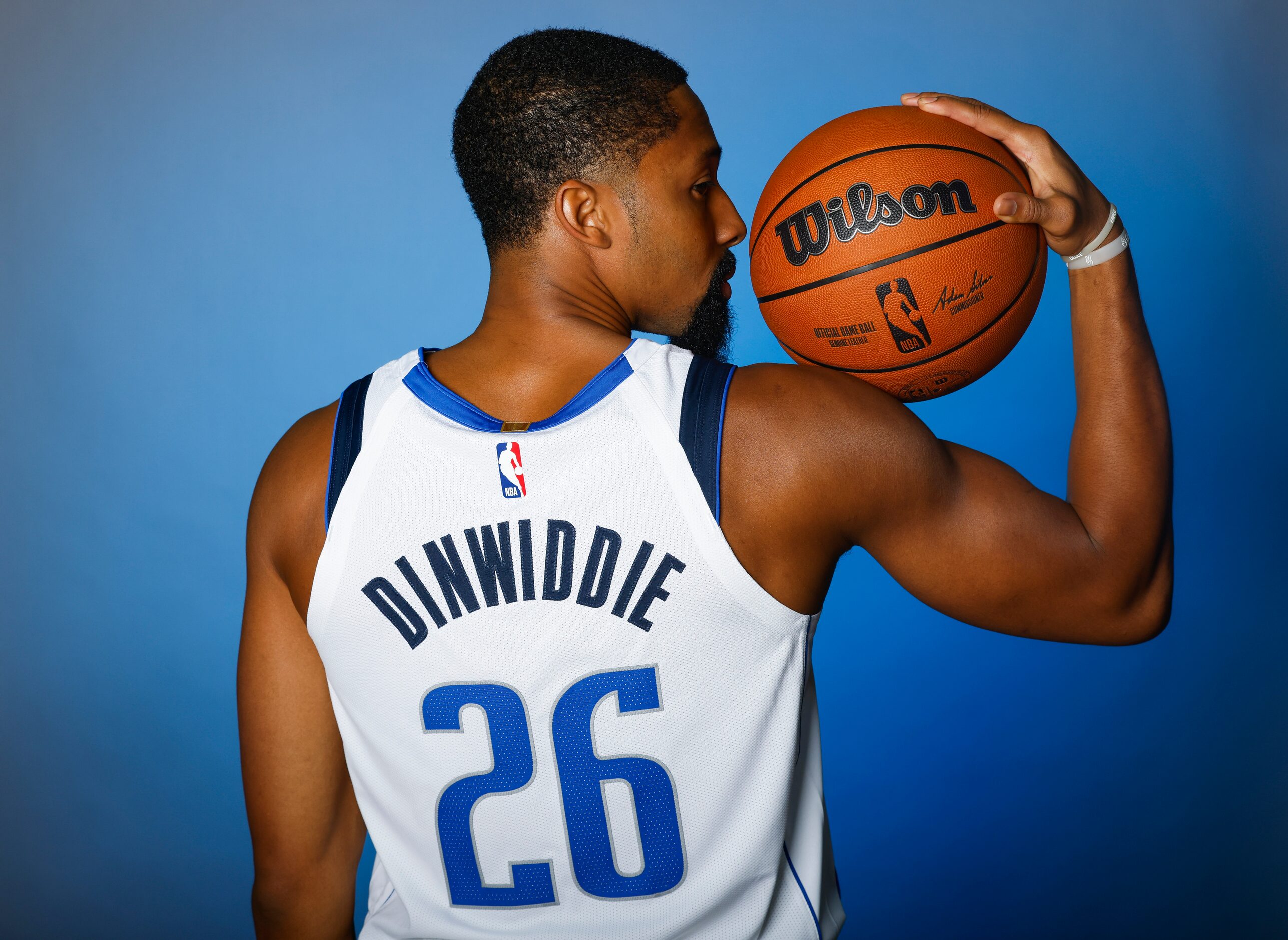 Dallas Mavericks’ Spencer Dinwiddie is photographed during the media day at American...