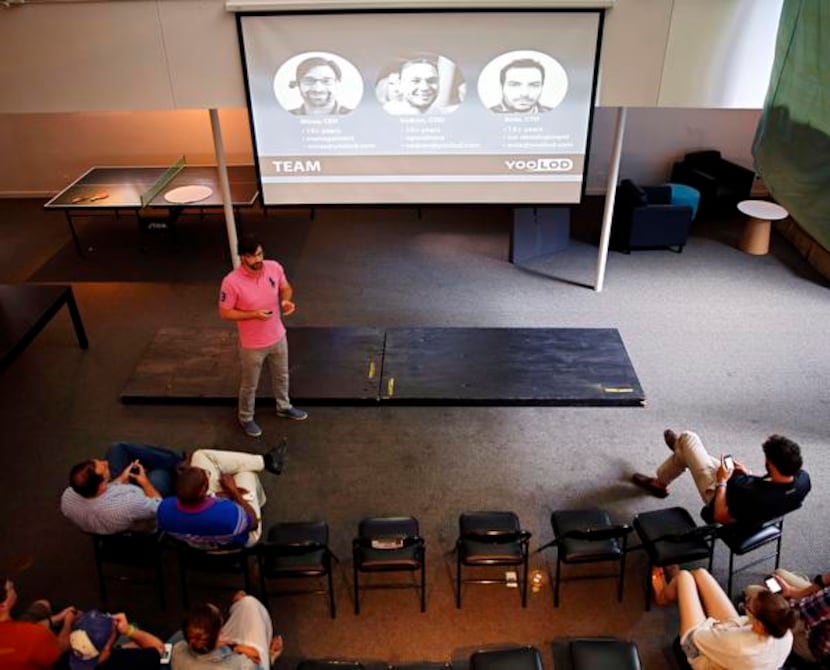 Mirza Muftic (top left) ran through a test of his presentation at Tech Wildcatters’ offices...