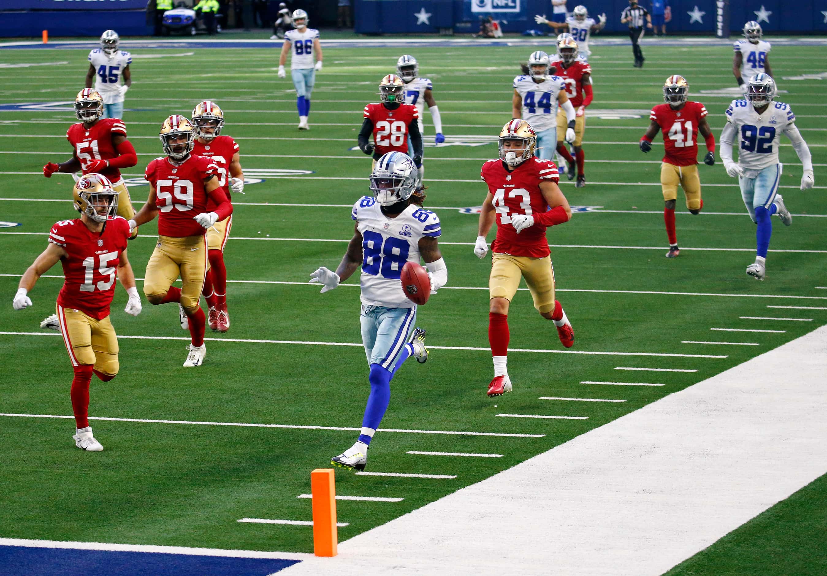 Dallas Cowboys wide receiver CeeDee Lamb (88) cruises to a fourth quarter touchdown after...
