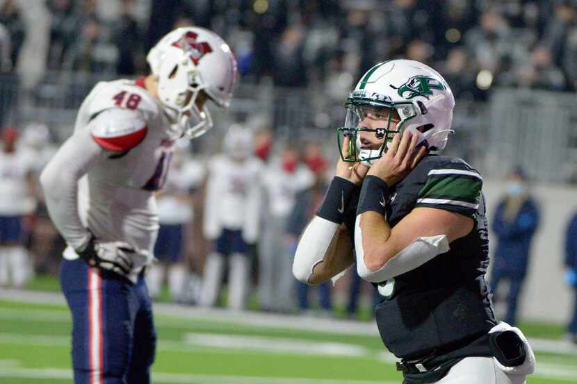 Prosper’s Jackson Berry (5) celebrates after his game-winning touchdown in the final minutes...