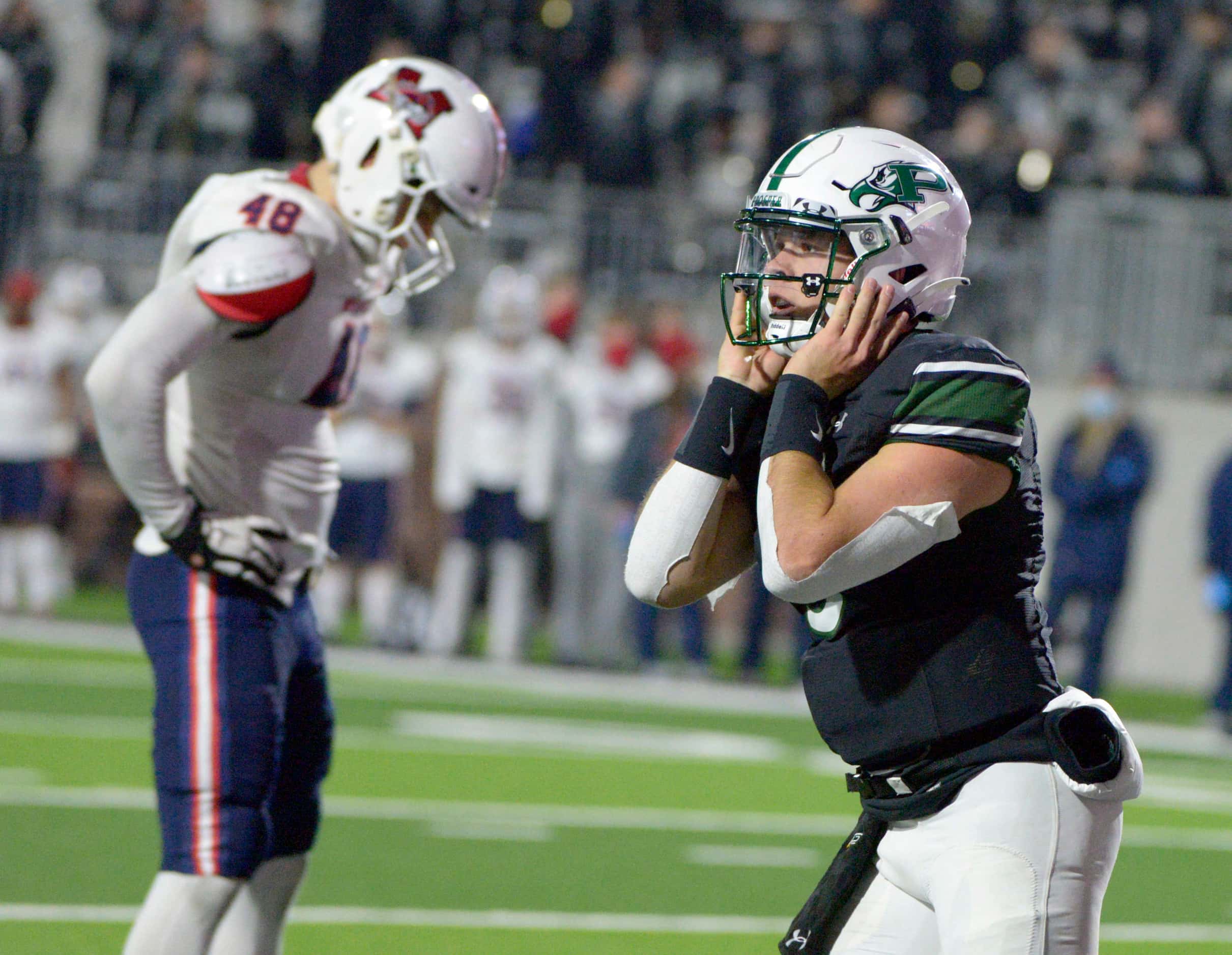 Prosper’s Jackson Berry (5) celebrates after his game-winning touchdown in the final minutes...