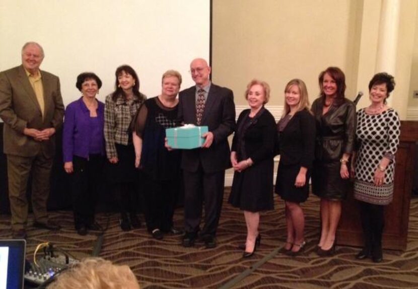 
Past TexasFest chairs with Lucinda and Jim Rogers (holding blue box) at the Irving...