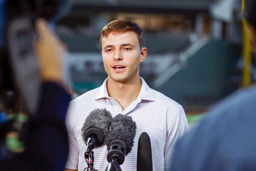 Texas Rangers pitcher Jack Leiter speaks with reporters during minicamp at Globe Life Field...