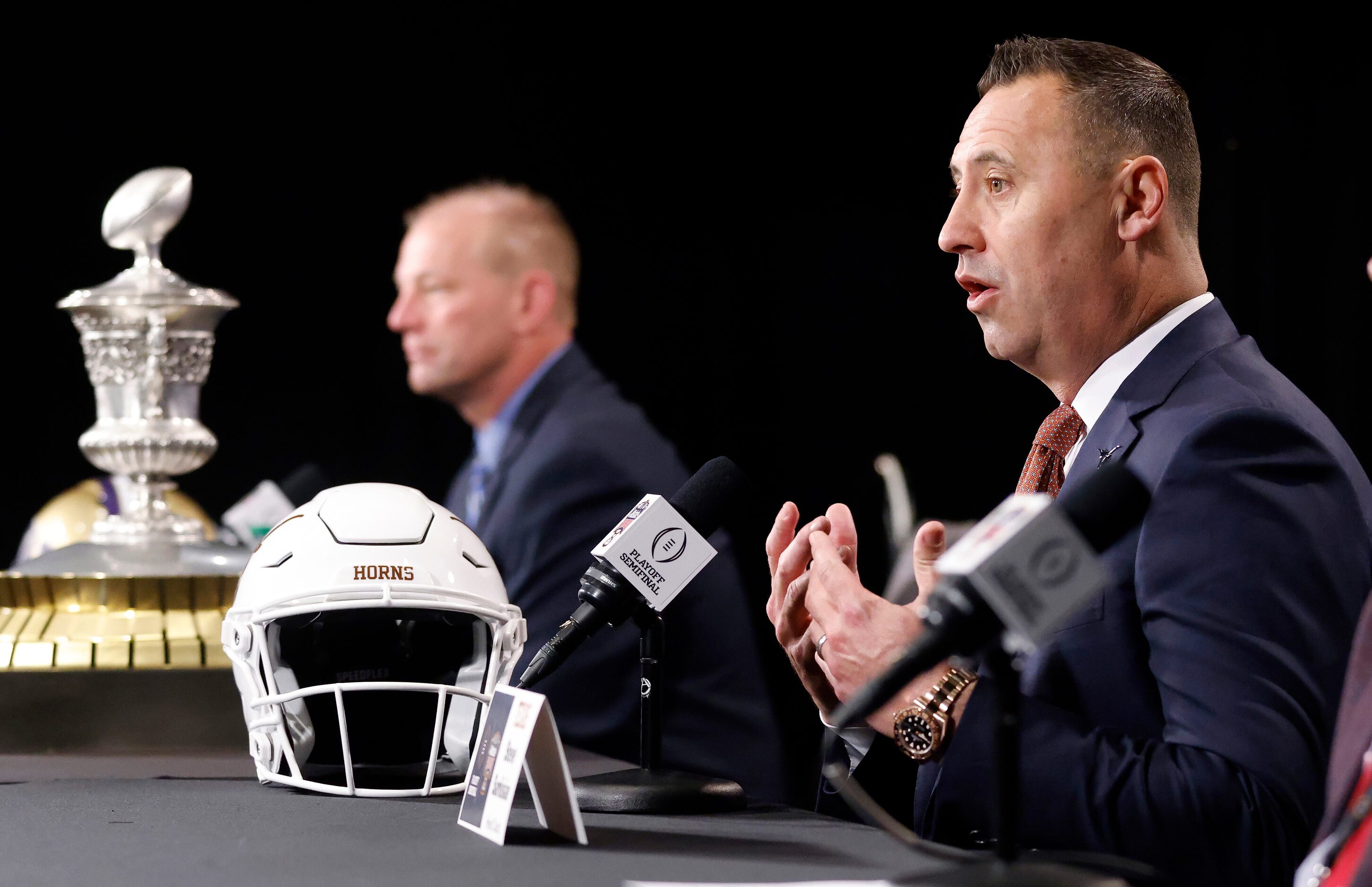 Texas head coach Steve Sarkisian answers questions from the media during a joint press...