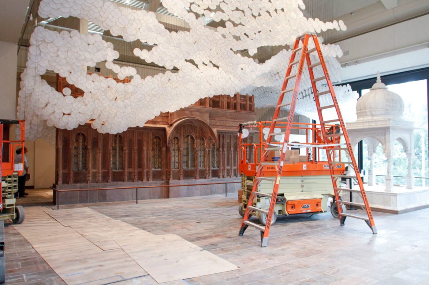 Small kites hung as part of the Clouds and Chaos exhibit by Jacob Hashimoto in the Grand...