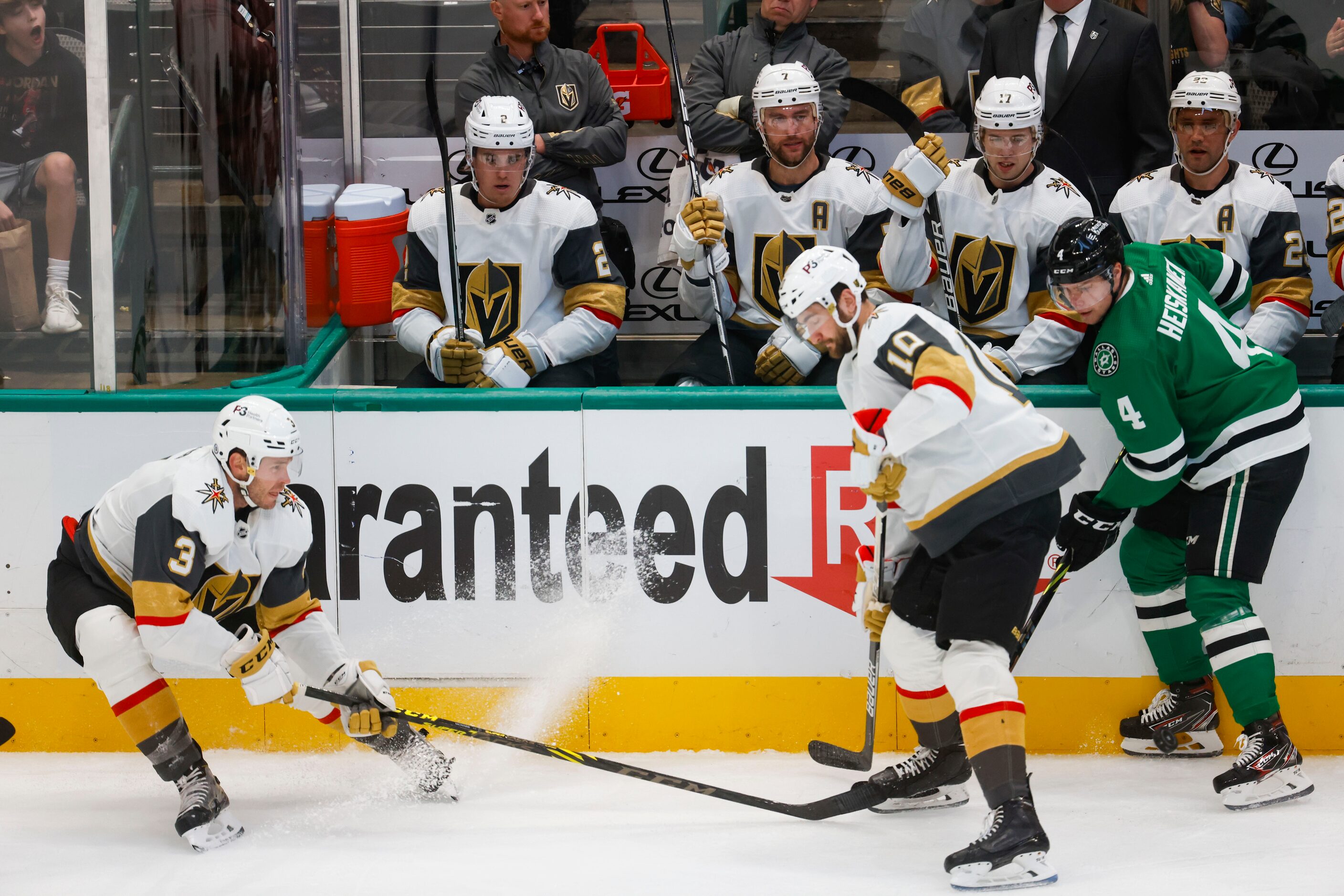 Dallas Stars defenseman Miro Heiskanen (4) watches as Vegas Golden Knights defenseman...