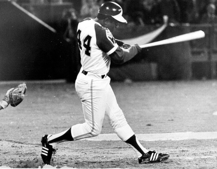 Atlanta Braves player Henry 'Hank' Aaron hits his record breaking 715th home run, April 8,...