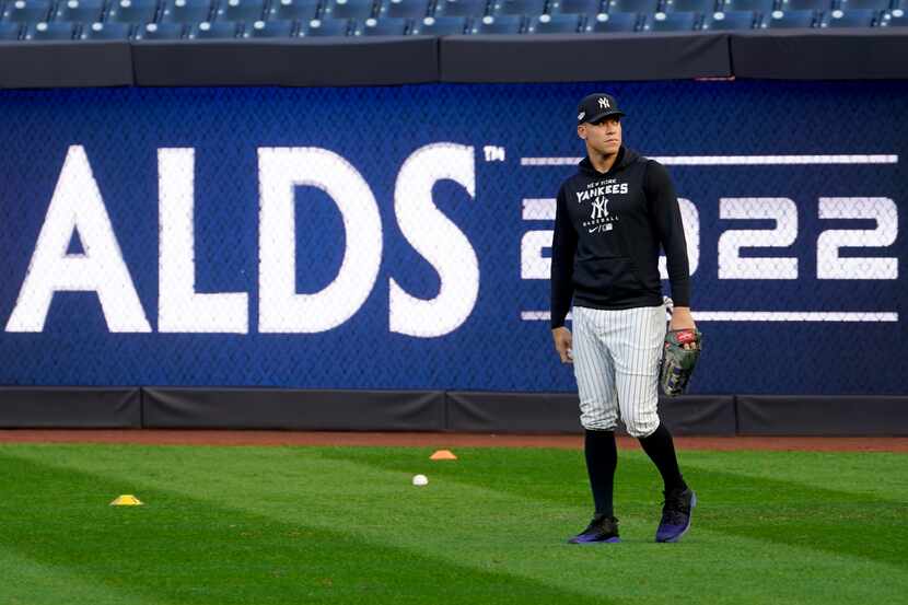 New York Yankees' Aaron Judge works out ahead of Game 1 of baseball's American League...