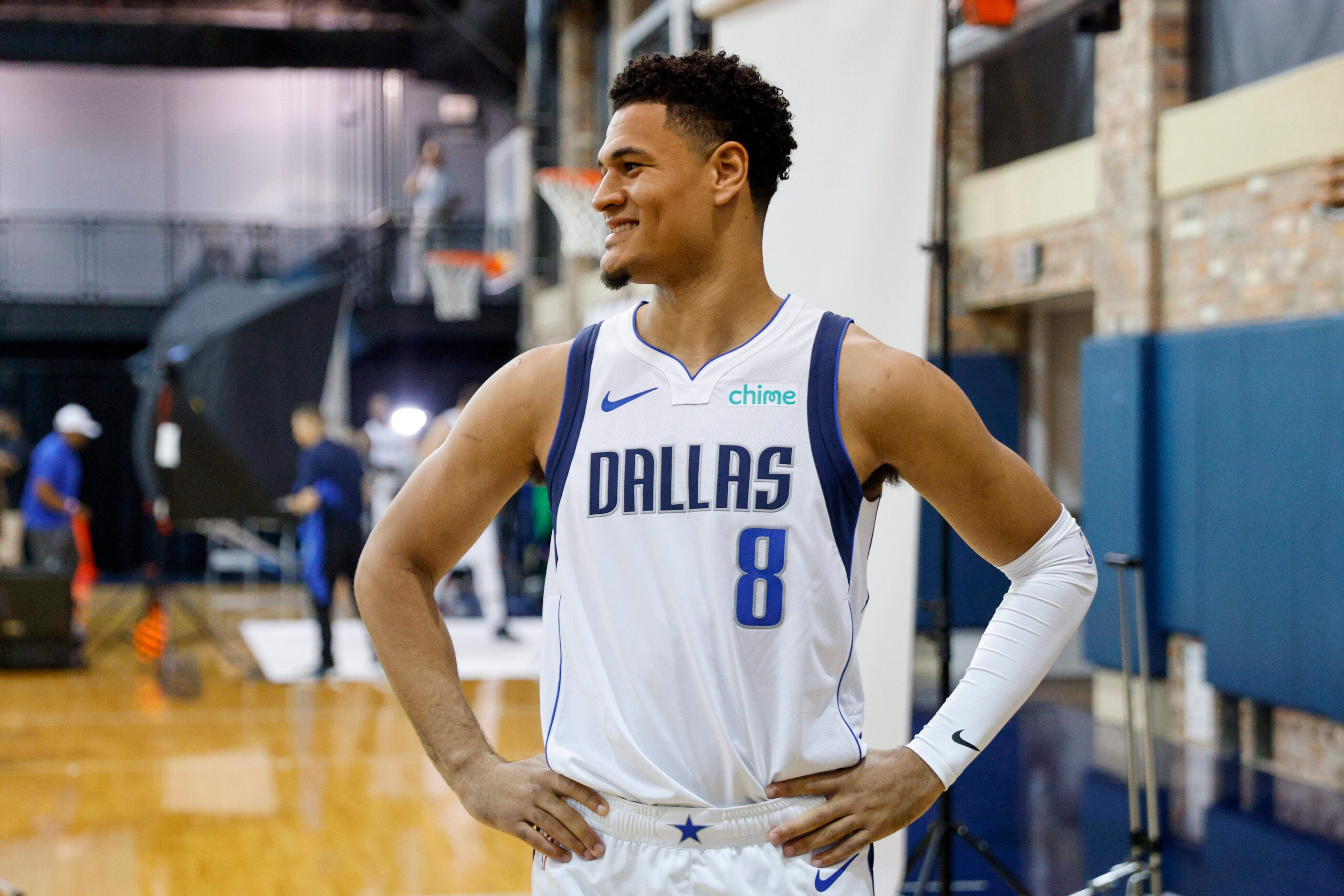 Dallas Mavericks guard Josh Green (8) strikes a pose during media day at American Airlines...