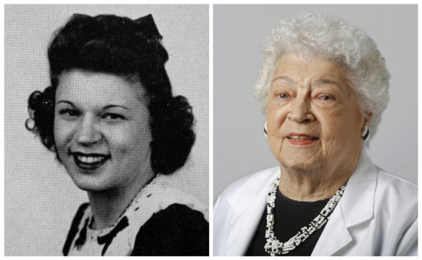 Lois Billert Lewis in her 1943 senior class picture and today.