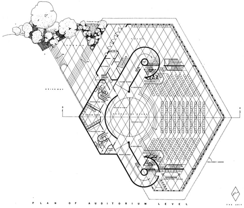 1959 diamond-grid plan for the Dallas Theater Center, by Frank Lloyd Wright.
