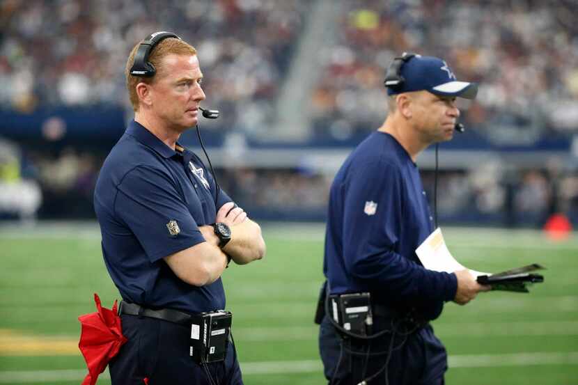 Dallas head coach Jason Garrett, left, and offensive coordinator Scott Linehan are pictured...
