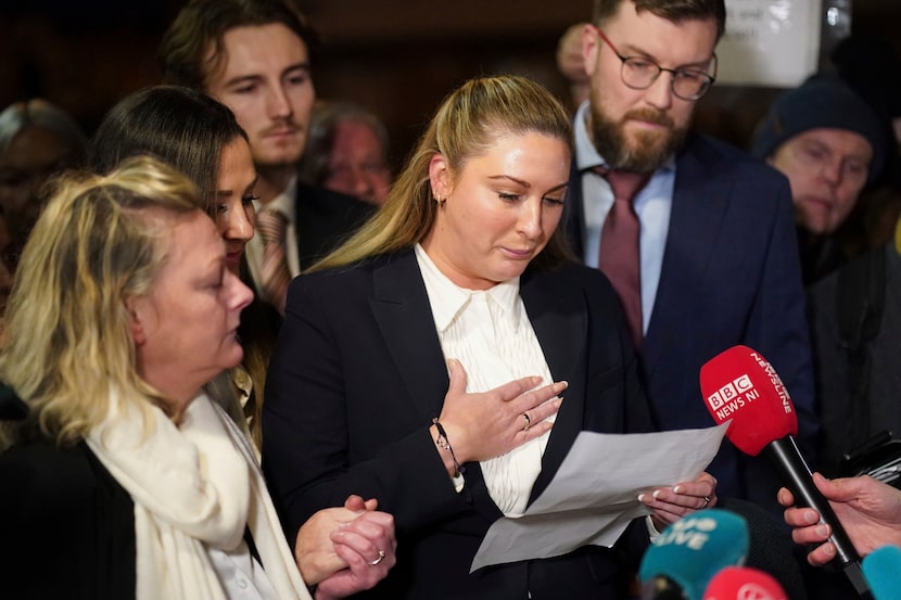 Nikita Hand, who is also known as Nikita Ni Laimhinr, speaks with the media outside court in...