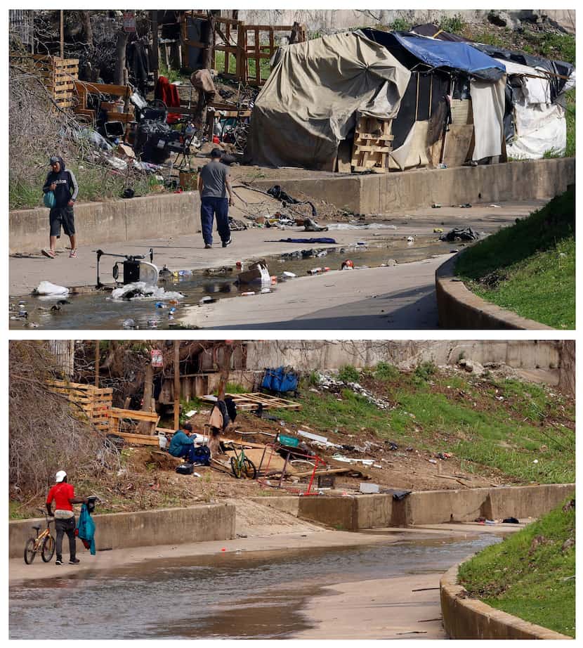 The top photo, taken March 5, shows an encampment along the concrete drainage channel of...
