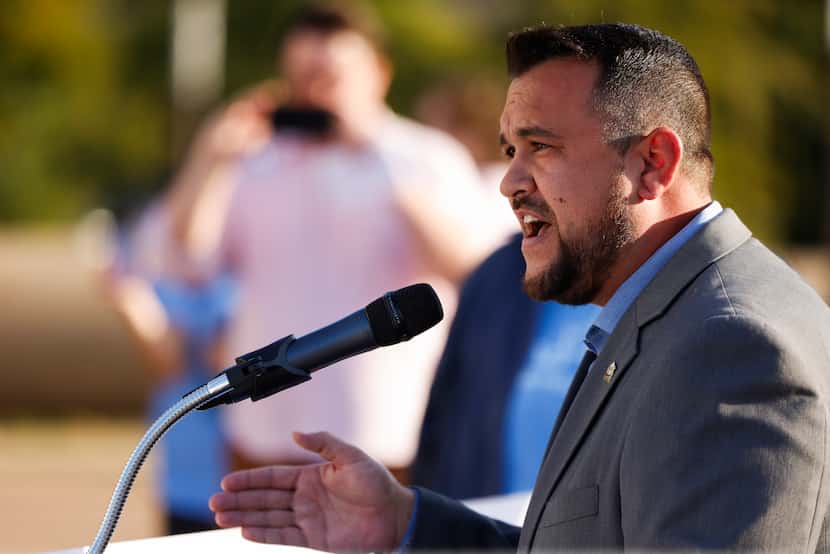 Council Member Adam Bazaldua speaks during an affordable housing rally sponsored by Dallas...