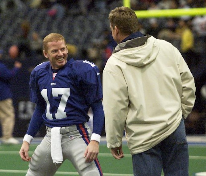 12/17/00 Troy Aikman chats with Jason Garrett before the start of the Cowboys Giants game.