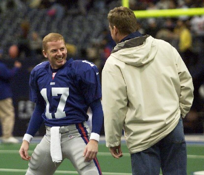 12/17/00 Troy Aikman chats with Jason Garrett before the start of the Cowboys Giants game.