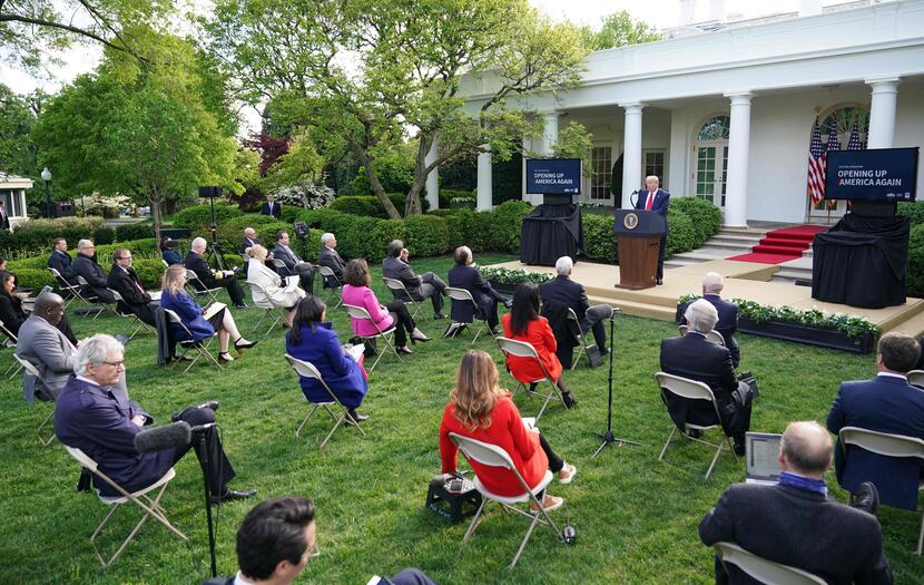 President Donald Trump speaks during a news conference on the novel coronavirus, COVID-19,...