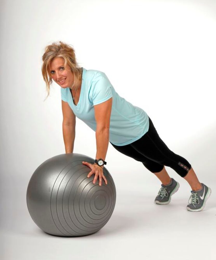 
A stability ball push-up is “very, very difficult,” Spoonts says.
