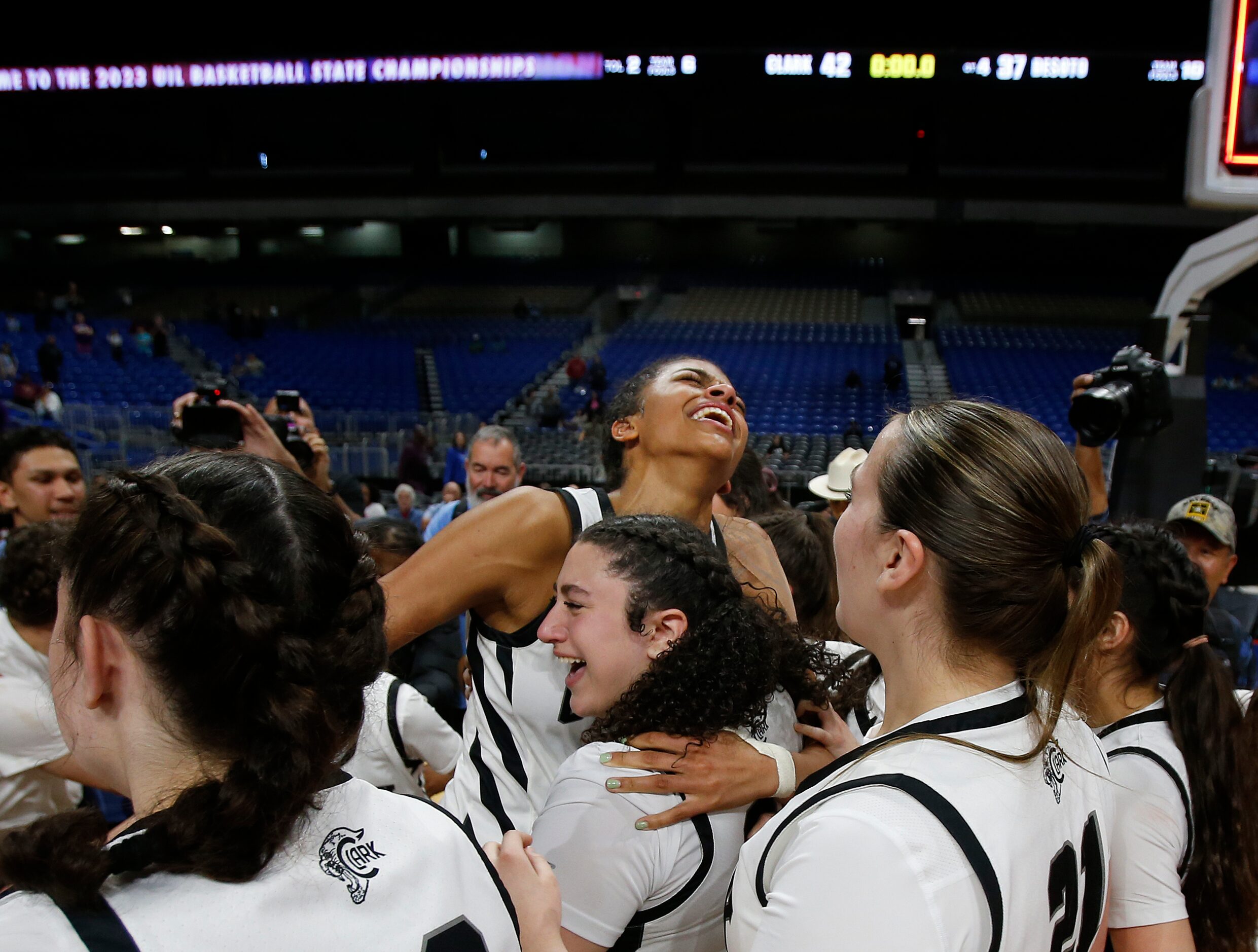 Clark Cougars’ Adrianna Roberson (12) celebrates at the end of the game. Clark defeated...