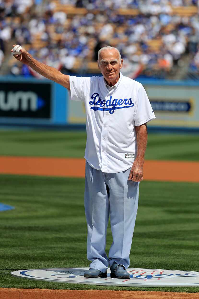 LOS ANGELES, CA - APRIL 03:  Wally Moon waves to the crowd prior to tossing out a ceremonial...