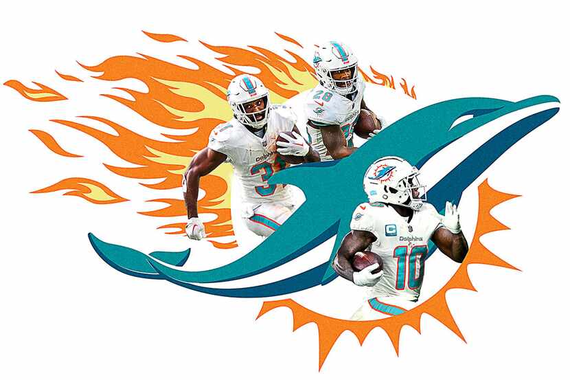 The Dolphins' offense is powered by the speedy trio of Raheem Mostert (left), De'Von Achane...