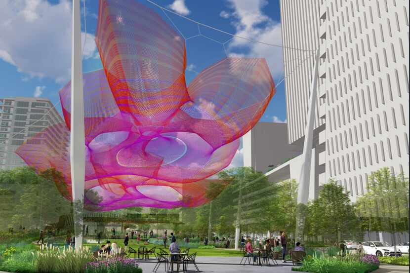 The new Frisco buildings at Hall Park will overlook a park with a sculpture by artist Janet...