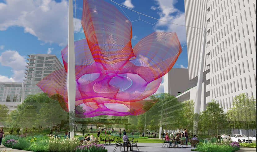 The new Frisco buildings at Hall Park will overlook a park with a sculpture by artist Janet...