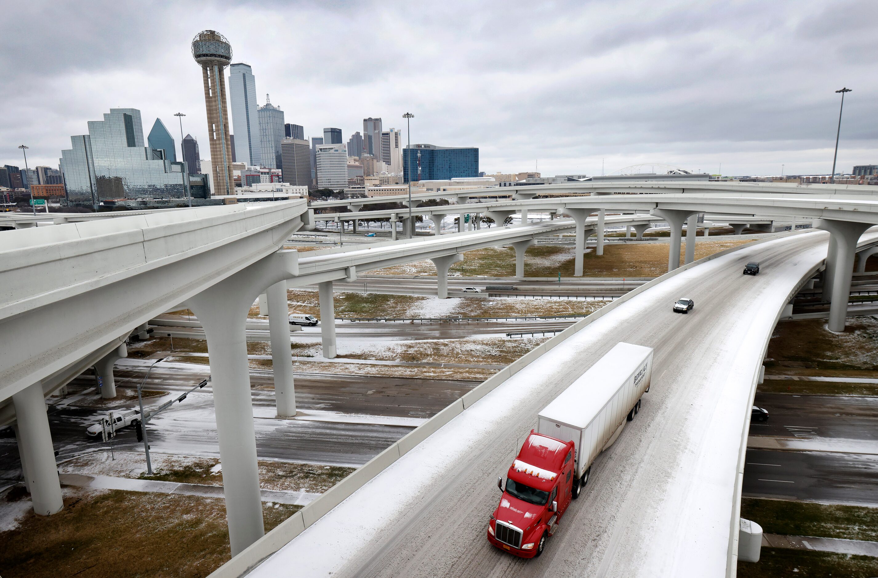 Traffic moves slowly across bridges comprising the Mix Master interchange in downtown Dallas...