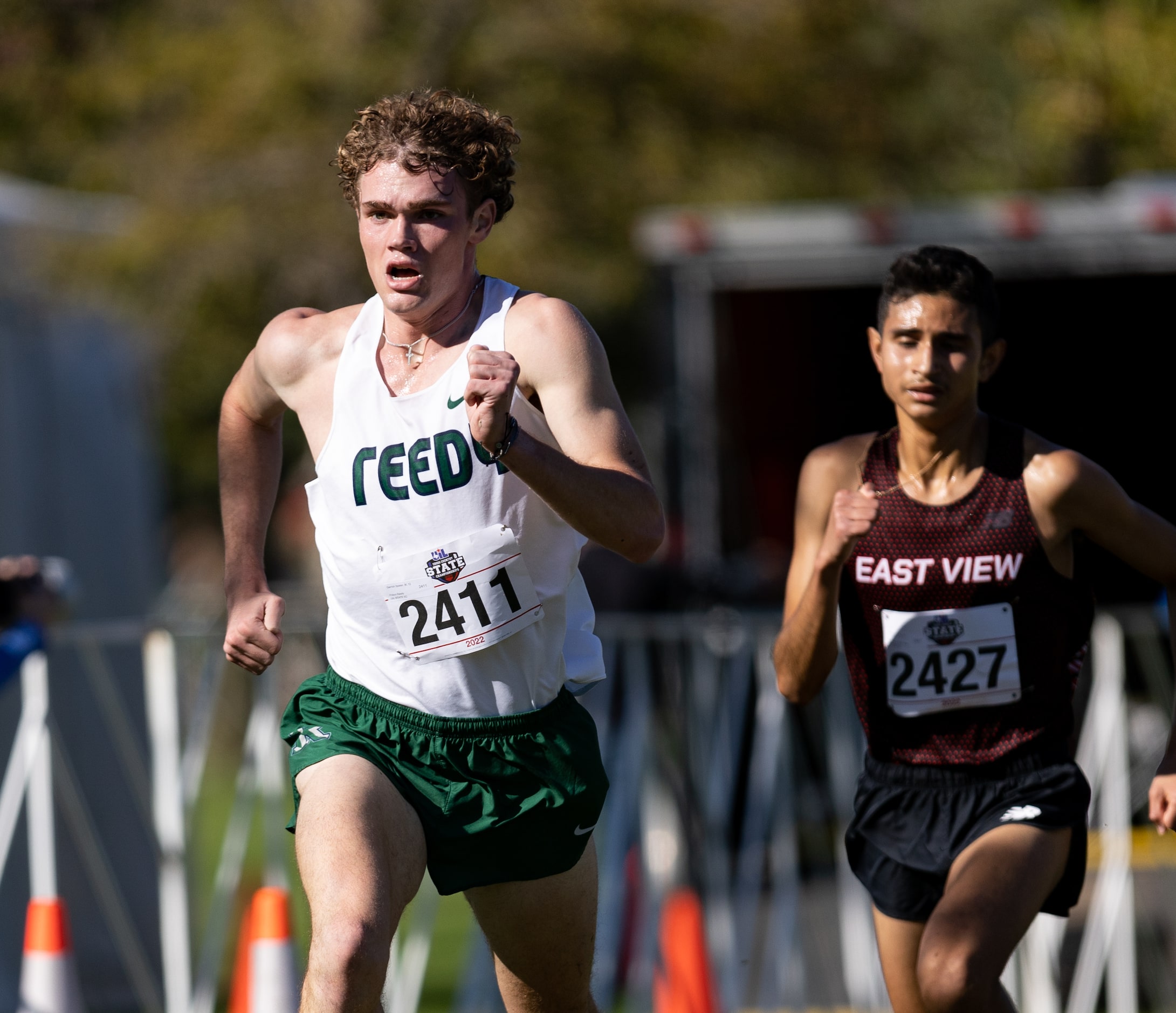 Garrick Spieler of the Frisco Reedy Lions competes in the 5A boys’ 5k race during the UIL...