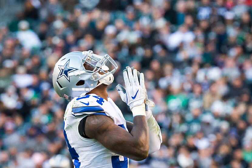 Dallas Cowboys defensive end Randy Gregory  celebrates after sacking Philadelphia Eagles...