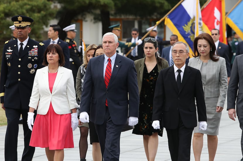 U.S. Vice President Mike Pence and his wife Karen Pence visit at Seoul National Cemetery  on...