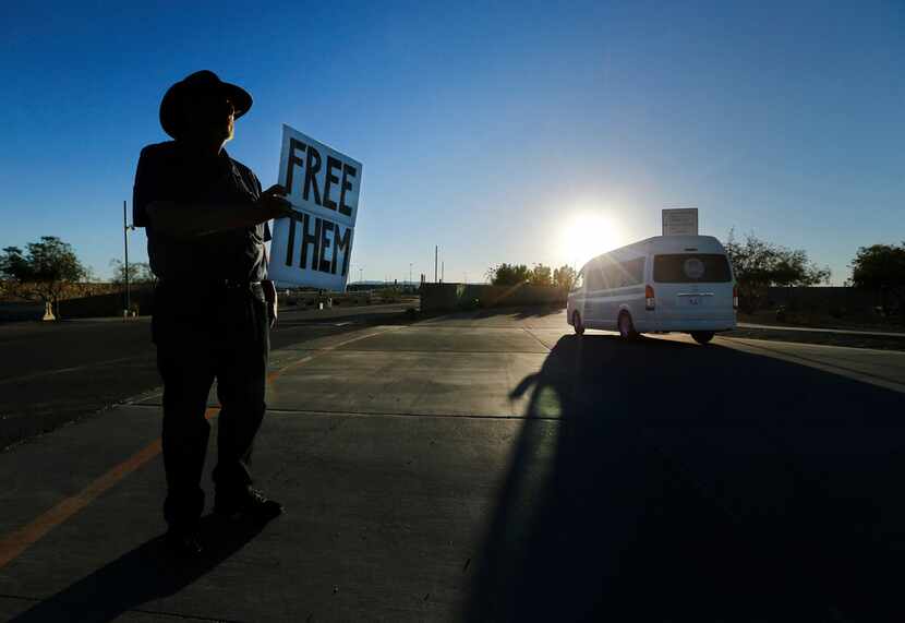 Joshua Rubin of Brooklyn, N.Y., held a sign outside the tent city adjacent to the Tornillo...
