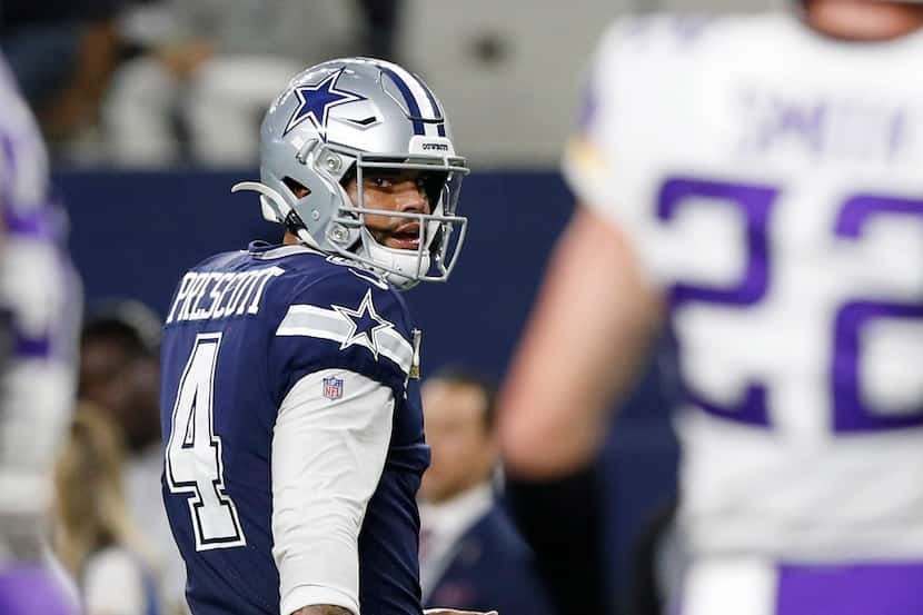 FILE — Dallas Cowboys quarterback Dak Prescott (4) is seen during a game at AT&T Stadium in...